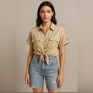 Beige utilitarian style button down knotted front shirt size medium new‎